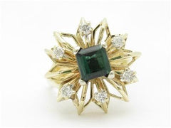 LIV 14k Yellow Gold & Diamonds Green Emerald Vintage Style Cocktail Design Dome Ring Gift