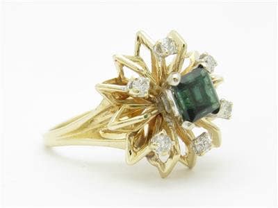 LIV 14k Yellow Gold & Diamonds Green Emerald Vintage Style Cocktail Design Dome Ring Gift