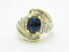 LIV 14k Yellow Gold Blue Sapphire & Diamonds Oval Vintage Style Cluster Band Ring