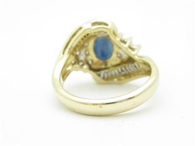 LIV 14k Yellow Gold Blue Sapphire & Diamonds Oval Vintage Style Cluster Band Ring
