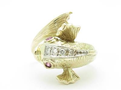 LIV 14k Yellow Gold Diamond & Ruby Koi Fish Custom Hand Made Ring Gift