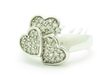 LIV 14KT Solid White Gold Genuine White DIamond Triple Heart Design Ring New