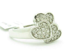 LIV 14KT Solid White Gold Genuine White DIamond Triple Heart Design Ring New
