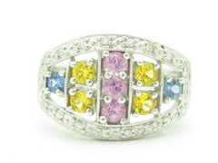 LIV 14KT Solid White Gold Genuine White Diamond & Multi Color Sapphire Abstract Ring Band Gift