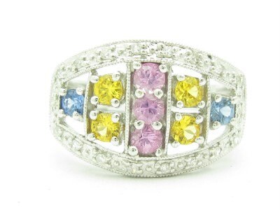 LIV 14KT Solid White Gold Genuine White Diamond & Multi Color Sapphire Abstract Ring Band Gift