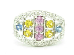 LIV 14KT Solid White Gold Genuine White Diamond & Multi Color Sapphire Abstract Ring Band Gift