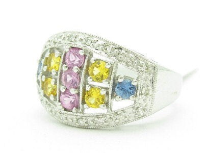 LIV 14KT Solid White Gold Genuine White Diamond & Multi Color Sapphire Abstract Ring Band Gift