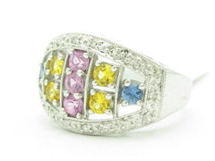 LIV 14KT Solid White Gold Genuine White Diamond & Multi Color Sapphire Abstract Ring Band Gift