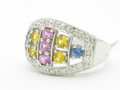 LIV 14KT Solid White Gold Genuine White Diamond & Multi Color Sapphire Abstract Ring Band Gift