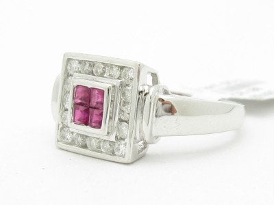 LIV 14KT Solid White Gold Genuine Diamond & Red Ruby Princess Cut Band Ring New Gift