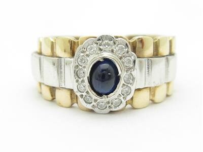 LIV 14k Two Tone Gold Oval Blue Sapphire Diamond Halo Design Wide Band Ring