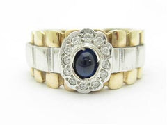 LIV 14k Two Tone Gold Oval Blue Sapphire Diamond Halo Design Wide Band Ring