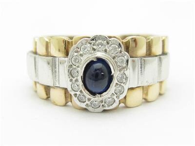 LIV 14k Two Tone Gold Oval Blue Sapphire Diamond Halo Design Wide Band Ring