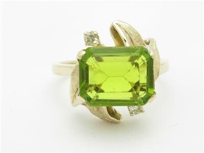 LIV 14k Yellow Gold Vintage Design Diamond & Green Peridot Emerald Cut Stone Ring Gift