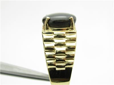 LIV 14k Yellow Gold Diamond Cut Gray Tiger Eye Oval Stone Men's Band Ring