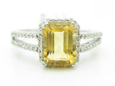 LIV 14KT White Gold White Diamond & Golden Citrine Emerald Cut Halo Ring New