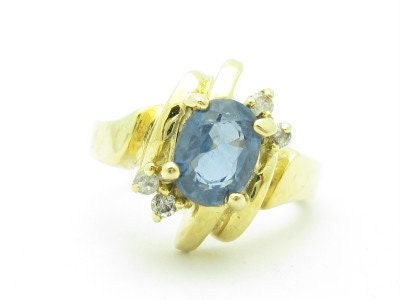 LIV  Unique Solid 14KT Yellow Gold Blue Topaz & White Diamond Stone Design Band Ring