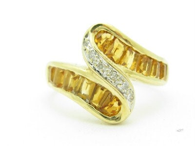 LIV Unique Solid 14KT Yellow Gold Genuine Citrine & White Diamond Swirl Band Ring