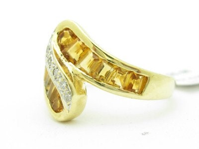 LIV Unique Solid 14KT Yellow Gold Genuine Citrine & White Diamond Swirl Band Ring