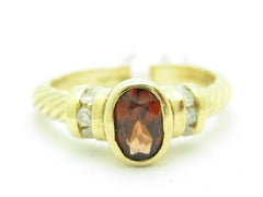 LIV Unique Solid 14KT Yellow Gold Genuine Red Garnet & White Diamond Cable Halo Ring Band