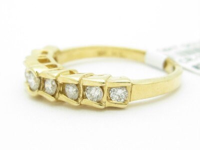 LIV Unique Solid 14K Yellow Gold White Diamond Step Design Wedding Band Ring