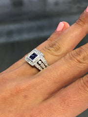 LIV 14k White Gold & Natural Diamonds Blue Sapphire Princess Cut Halo Design Ring