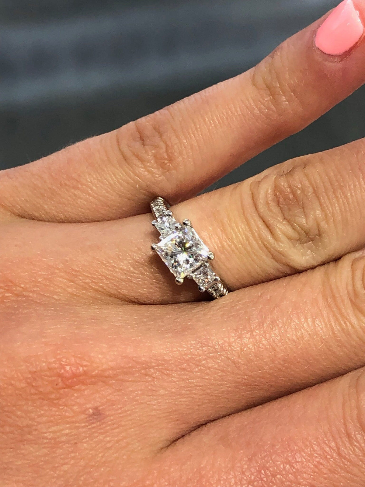 LIV 14k White Gold & Natural Side Diamonds Princess Cut Moissanite Engagement Ring
