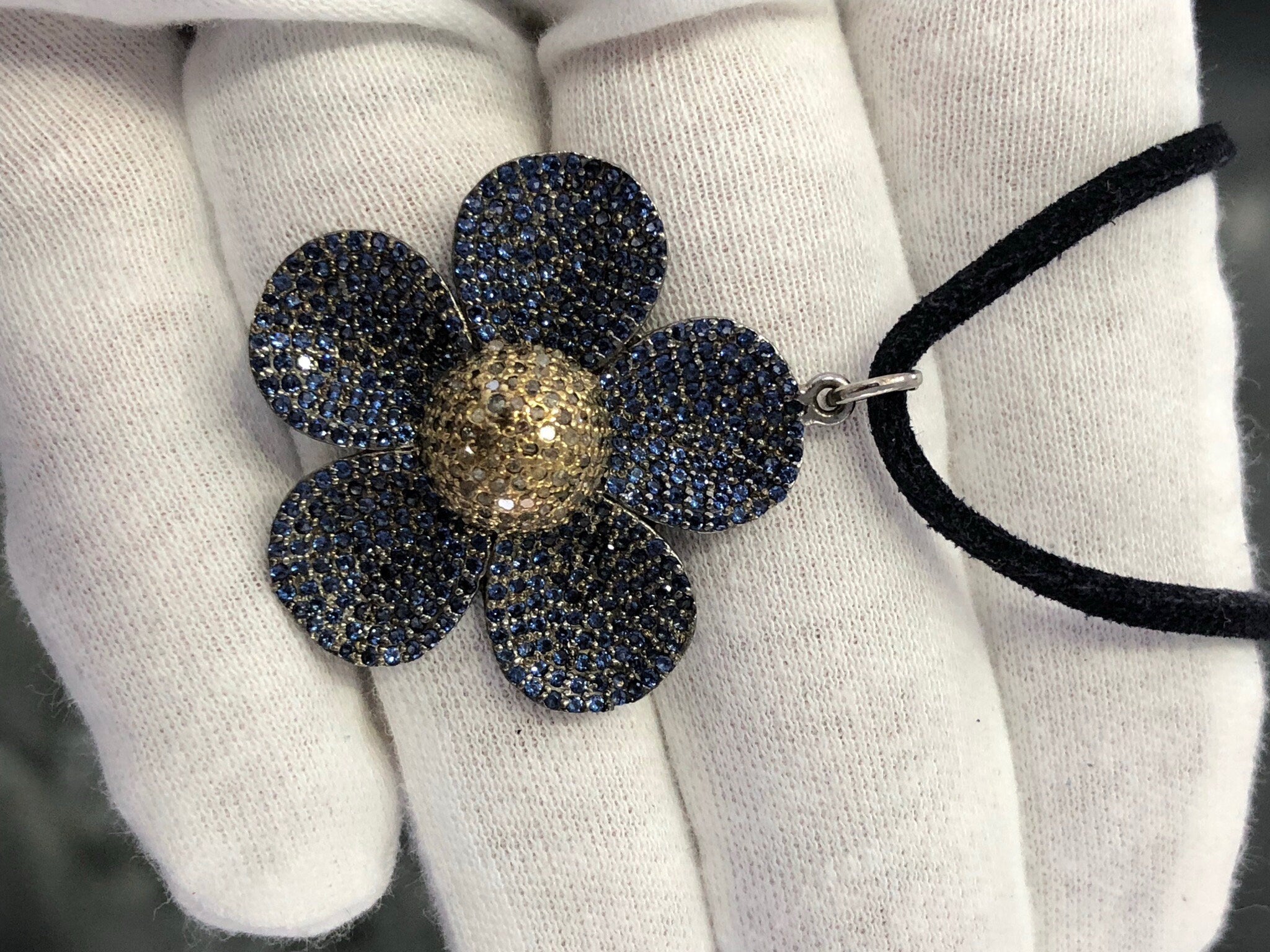 LIV Sterling Silver & Natural Diamonds Pave Blue Sapphire Flower Pendant Necklace Hand Made