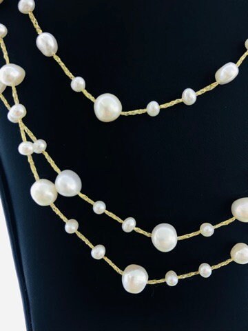 LIV 14k Yellow Gold & Natural Pearls Multi Strand Long Layered Necklace Hand Made