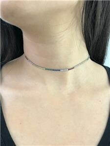 LIV Platinum Over Sterling Silver Rainbow Sapphire Tennis Thin Design Choker Necklace 12"-15"L