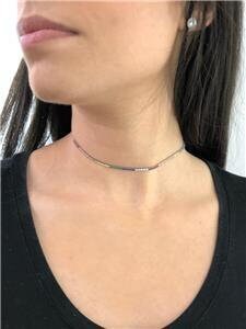 LIV Platinum Over Sterling Silver Rainbow Sapphire Tennis Thin Design Choker Necklace 12"-15"L