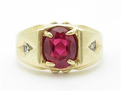 LIV 14k Yellow Gold Simulated Red Ruby & Diamond Oval Shape Design Band Ring