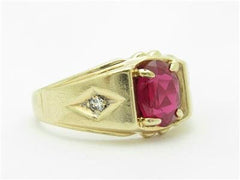 LIV 14k Yellow Gold Simulated Red Ruby & Diamond Oval Shape Design Band Ring