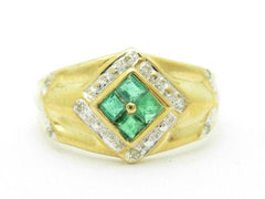 LIV Unique Solid 14KT Yellow Gold Genuine Green Emerald White Diamond Halo Band Ring