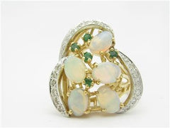 LIV 14k Yellow Gold & Diamonds White Opal Emerald Floral Vintage Design Estate Style Ring