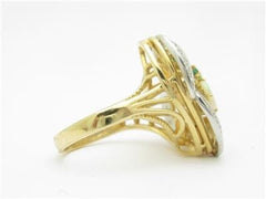 LIV 14k Yellow Gold & Diamonds White Opal Emerald Floral Vintage Design Estate Style Ring