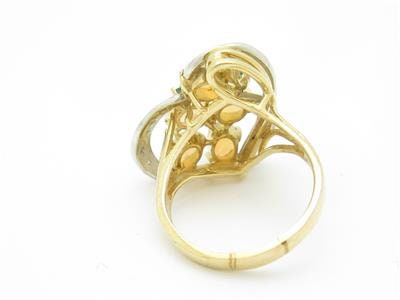 LIV 14k Yellow Gold & Diamonds White Opal Emerald Floral Vintage Design Estate Style Ring