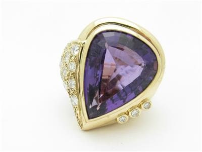 LIV 14k Yellow Gold & Genuine White Diamonds Pear Shape Amethyst Large Ring