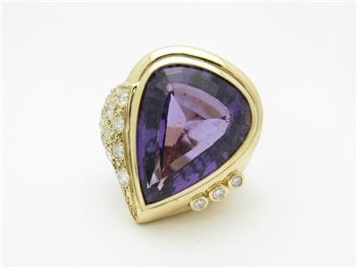 LIV 14k Yellow Gold & Genuine White Diamonds Pear Shape Amethyst Large Ring