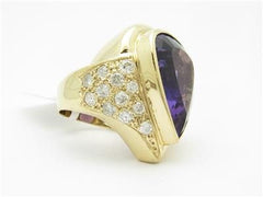 LIV 14k Yellow Gold & Genuine White Diamonds Pear Shape Amethyst Large Ring