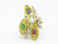 LIV 18k Yellow Gold & Diamonds Sapphire Emerald Ruby Abstract Vintage Design Estate Style Ring