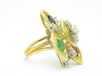 LIV 18k Yellow Gold & Diamonds Sapphire Emerald Ruby Abstract Vintage Design Estate Style Ring