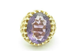 LIV 14k Yellow Gold Purple Amethyst Large Oval Stone Design Vintage Honey Comb Ring