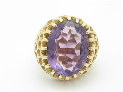 LIV 14k Yellow Gold Purple Amethyst Large Oval Stone Design Vintage Honey Comb Ring