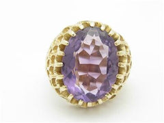 LIV 14k Yellow Gold Purple Amethyst Large Oval Stone Design Vintage Honey Comb Ring