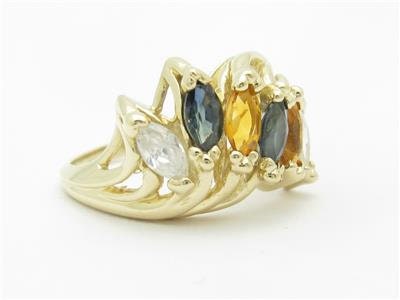 LIV 14k Yellow Gold & Multi Color GemStone Design Marquee 6 Stone Band Ring Gift