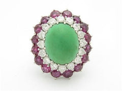 LIV 14k White Gold & Diamonds Red Ruby Green Emerald Cabochon Vintage Design Estate Style Ring