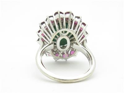 LIV 14k White Gold & Diamonds Red Ruby Green Emerald Cabochon Vintage Design Estate Style Ring