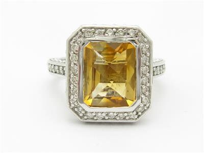 LIV 14k White Gold & Diamonds Emerald Cut Golden Citrine Halo Pave Design Band Ring