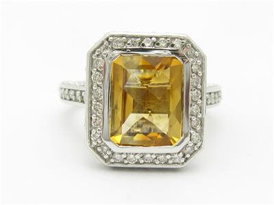 LIV 14k White Gold & Diamonds Emerald Cut Golden Citrine Halo Pave Design Band Ring